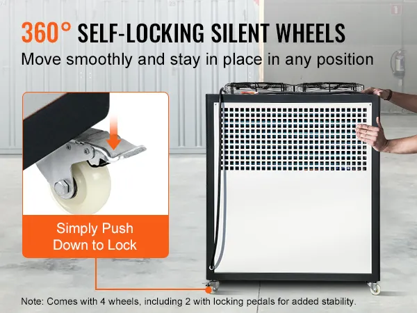 Enfriador de agua industrial VEVOR con ruedas silenciosas autoblocantes de 360° para una movilidad suave y estabilidad.