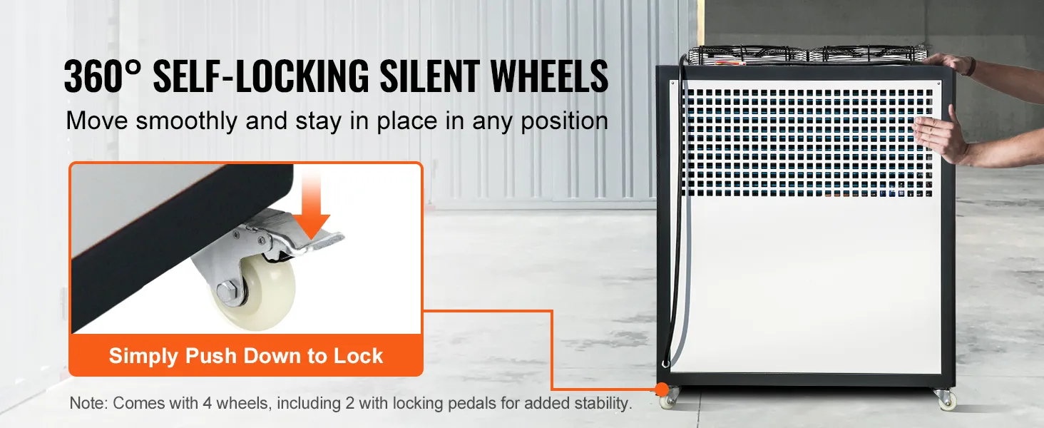 Enfriador de agua industrial VEVOR con ruedas silenciosas autoblocantes de 360° para una movilidad suave y estabilidad.