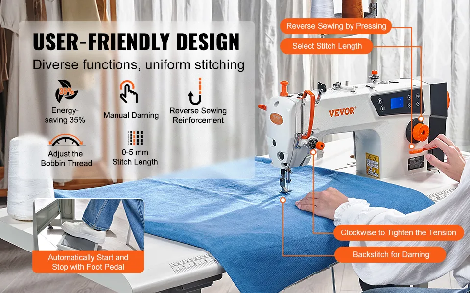 VEVOR Industrial Sewing Machine, 5000s.p.m Heavy-duty Lockstitch Sewing Machine with 550W Servo Motor and Table Stand, Clear Control Panel and Electro-mechanization Intelligent Start-stop for Easy Use