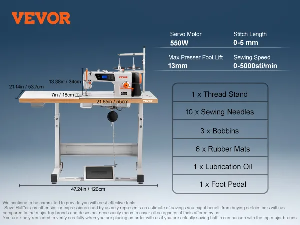 VEVOR industrial sewing machine with 550w motor, 0-5mm stitch length, and 0-5000sti/min speed.