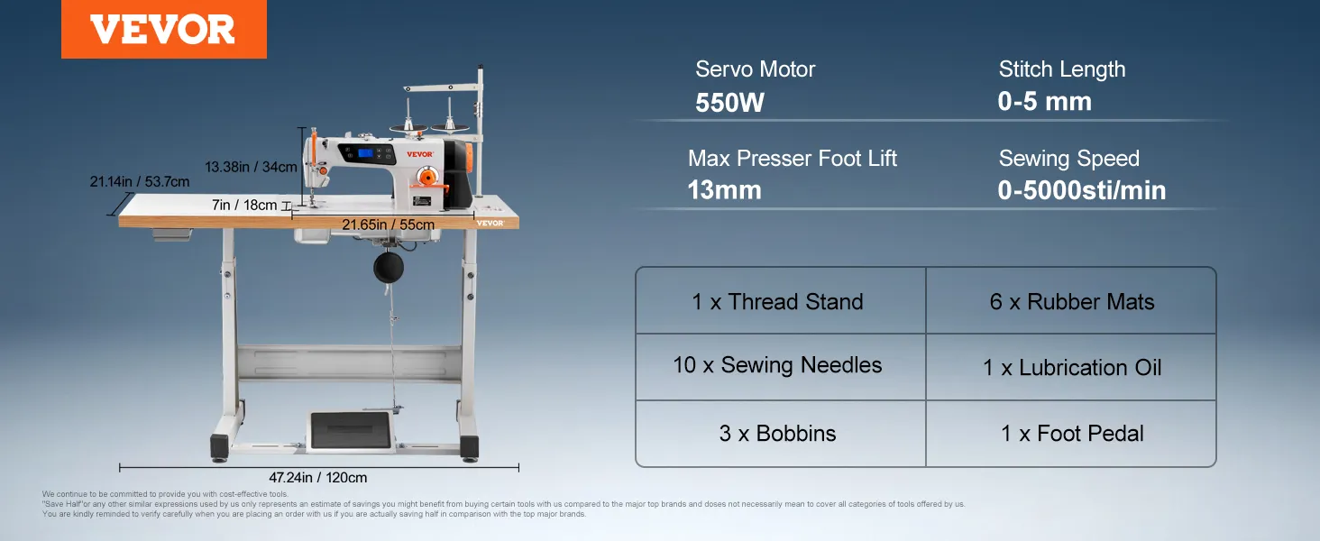 VEVOR industrial sewing machine with 550w motor, 0-5mm stitch length, and 0-5000sti/min speed.