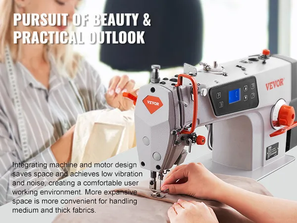 VEVOR industrial sewing machine in use, operated by sewing fabric, with focus on practical outlook.