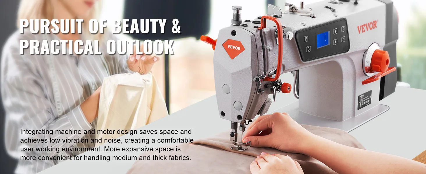 VEVOR industrial sewing machine in use, operated by sewing fabric, with focus on practical outlook.