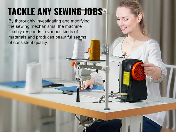 VEVOR industrial sewing machine on a desk with spools of thread and hanging garments in the background.