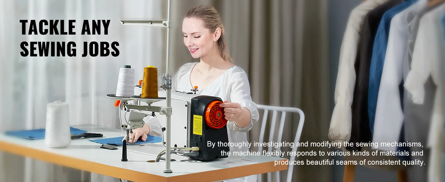VEVOR industrial sewing machine on a desk with spools of thread and hanging garments in the background.