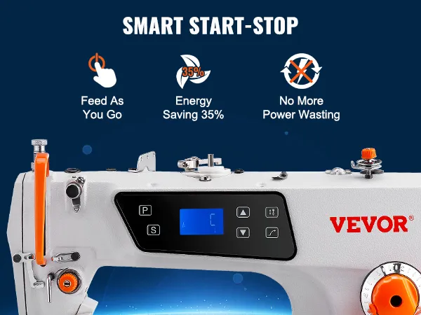 VEVOR industrial sewing machine with smart start-stop features, energy-saving, and efficient power use.