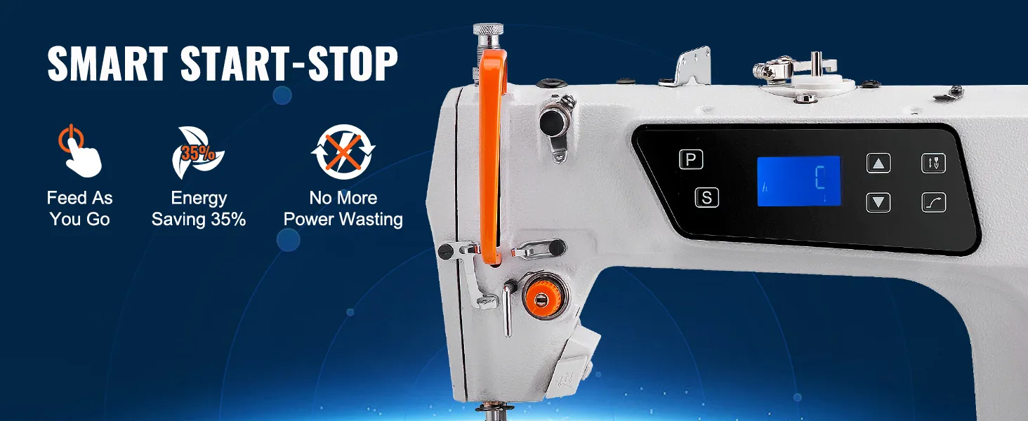 VEVOR industrial sewing machine with smart start-stop features, energy-saving, and efficient power use.
