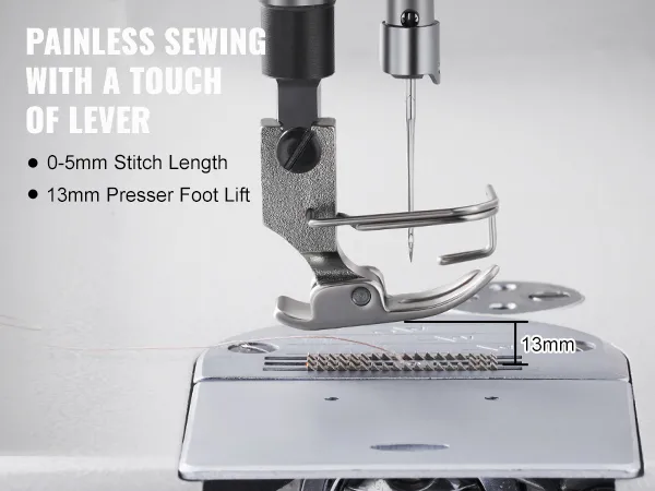 VEVOR industrial sewing machine with 13mm presser foot lift and 0-5mm stitch length for painless sewing.
