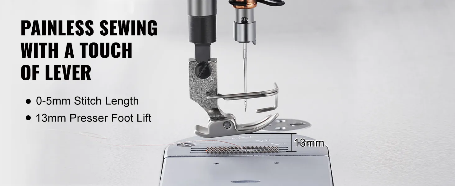 VEVOR industrial sewing machine with 13mm presser foot lift and 0-5mm stitch length for painless sewing.