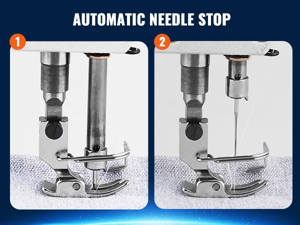 automatic needle stop feature on VEVOR industrial sewing machine. close-ups of needle positions.