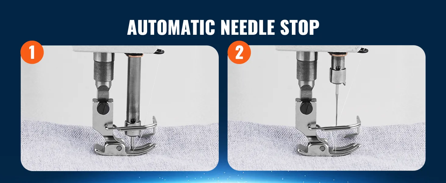 automatic needle stop feature on VEVOR industrial sewing machine. close-ups of needle positions.