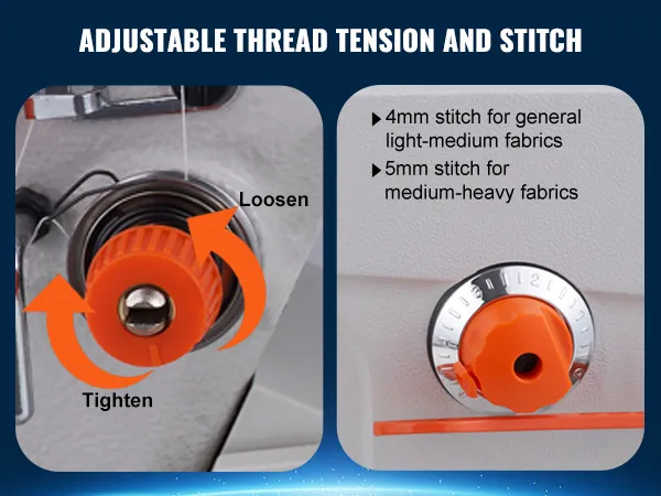 adjustable thread tension and stitch controls on VEVOR industrial sewing machine suitable for various fabrics.