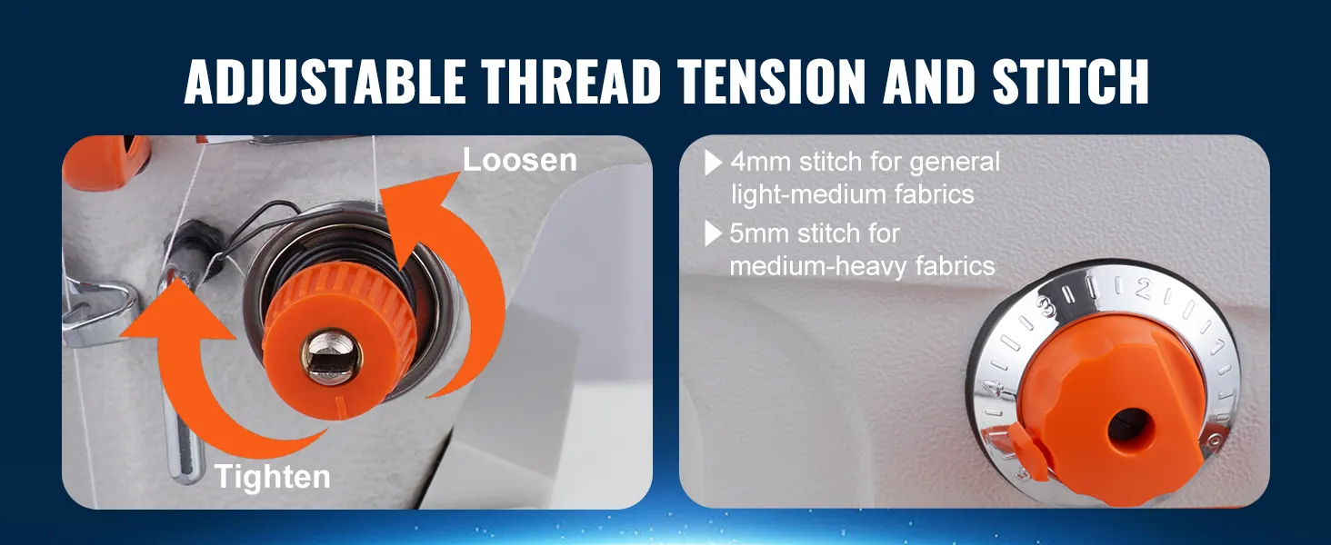 adjustable thread tension and stitch controls on VEVOR industrial sewing machine suitable for various fabrics.
