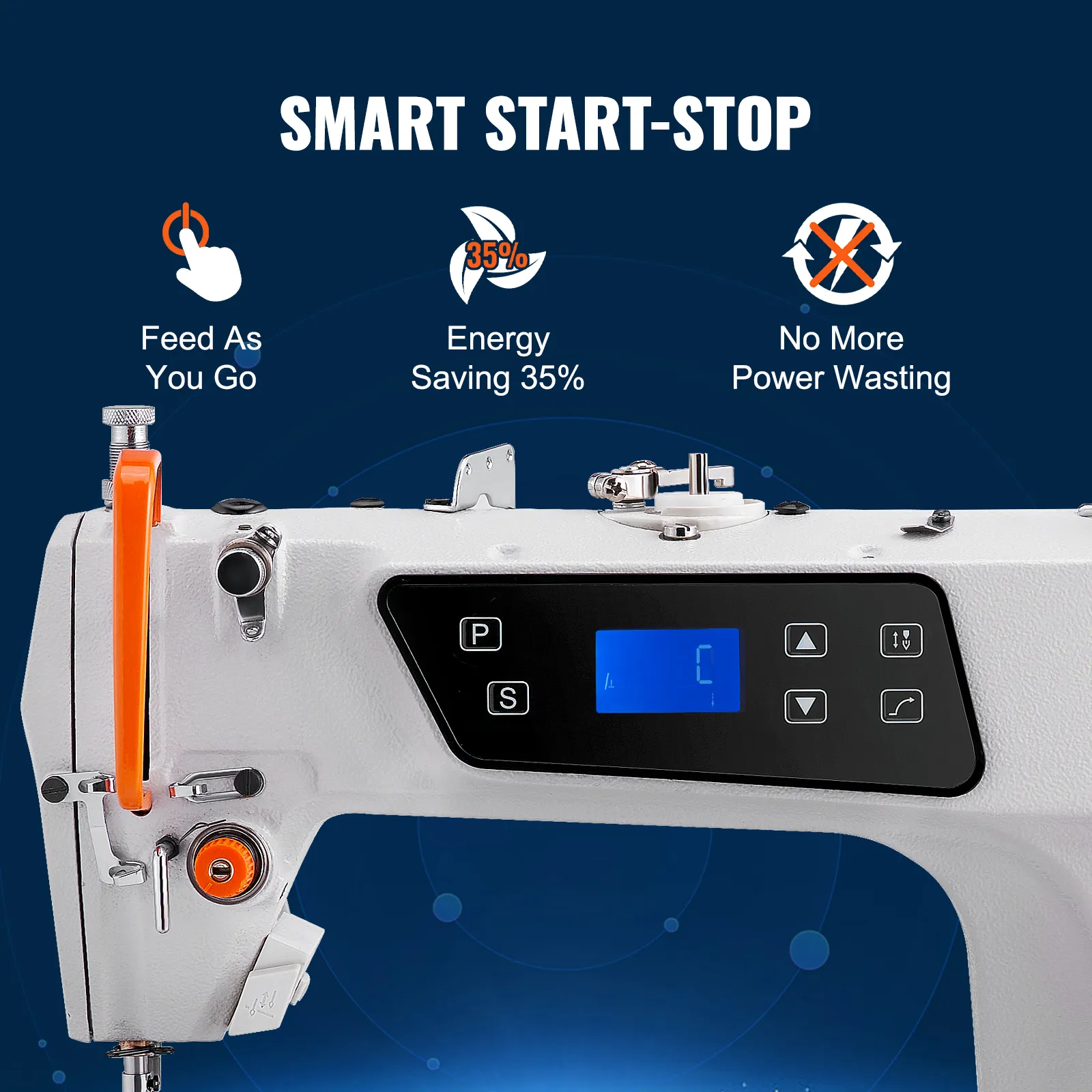 VEVOR industrial sewing machine smart start-stop, feed as you go, 35% energy saving, no power wasting.