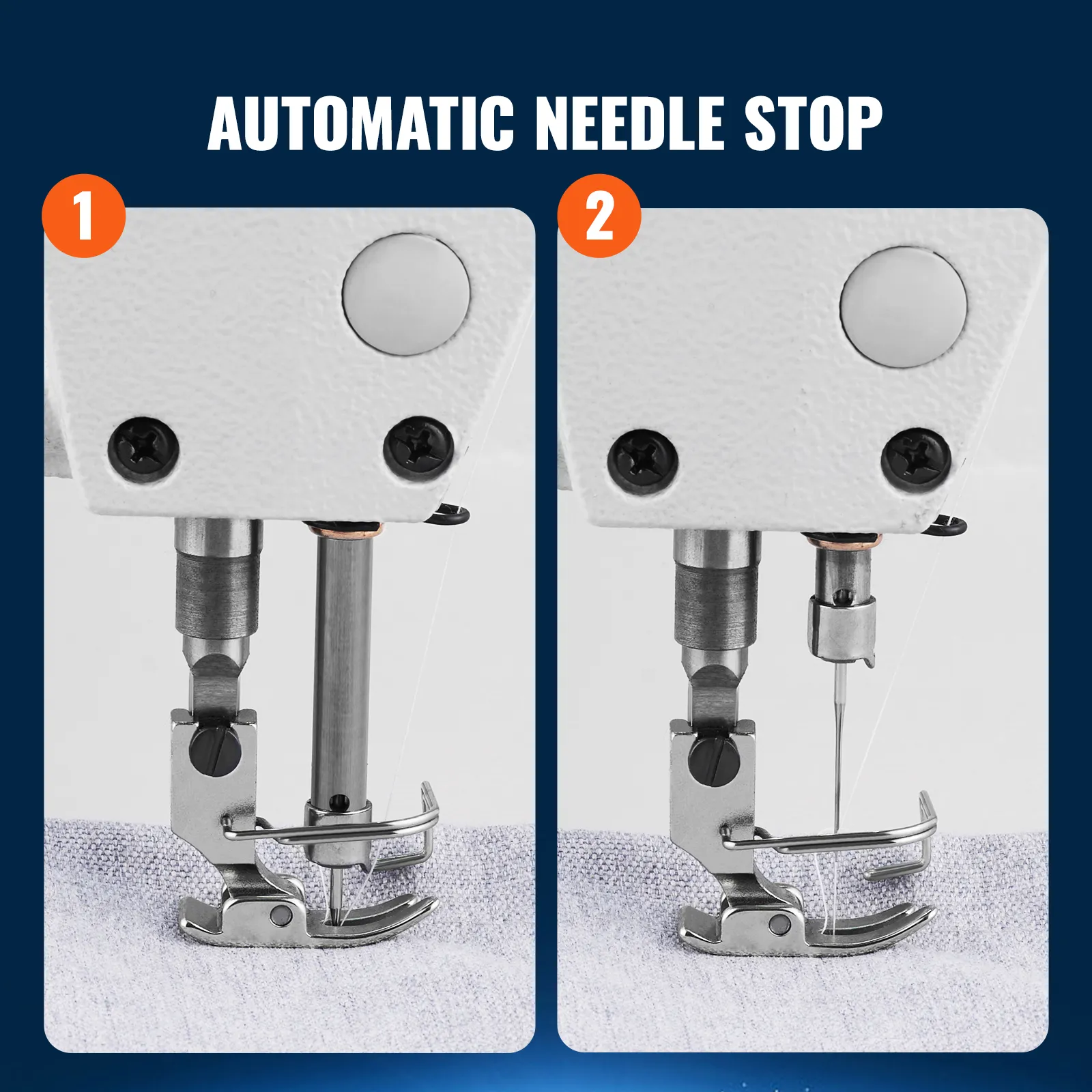 VEVOR industrial sewing machine with automatic needle stop function demonstrated in two stages.
