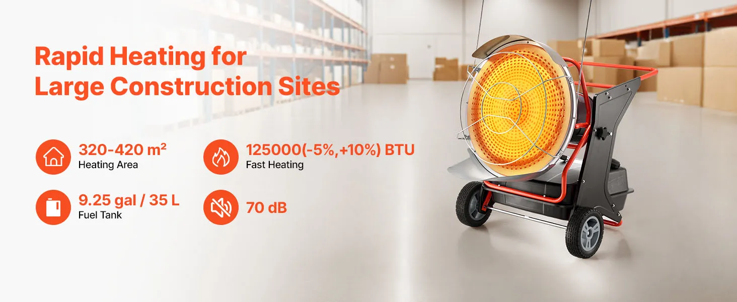 VEVOR 125000 BTU Radiant Kerosene Diesel Heater, Portable Industrial Space Heater with Adjustable Temp & Wheels, Ideal for Jobsite/Garage/Warehouse/Workshop Construction Heating,Black