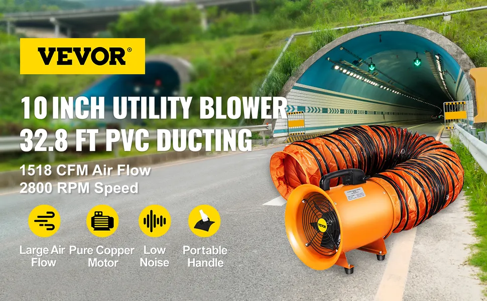 Ventilador utilitario VEVOR con conducto de PVC de 10 pulgadas y 32,8 pies junto a una entrada de túnel.