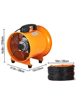 Ventilador utilitario VEVOR en color naranja con cable negro, que muestra sus dimensiones.