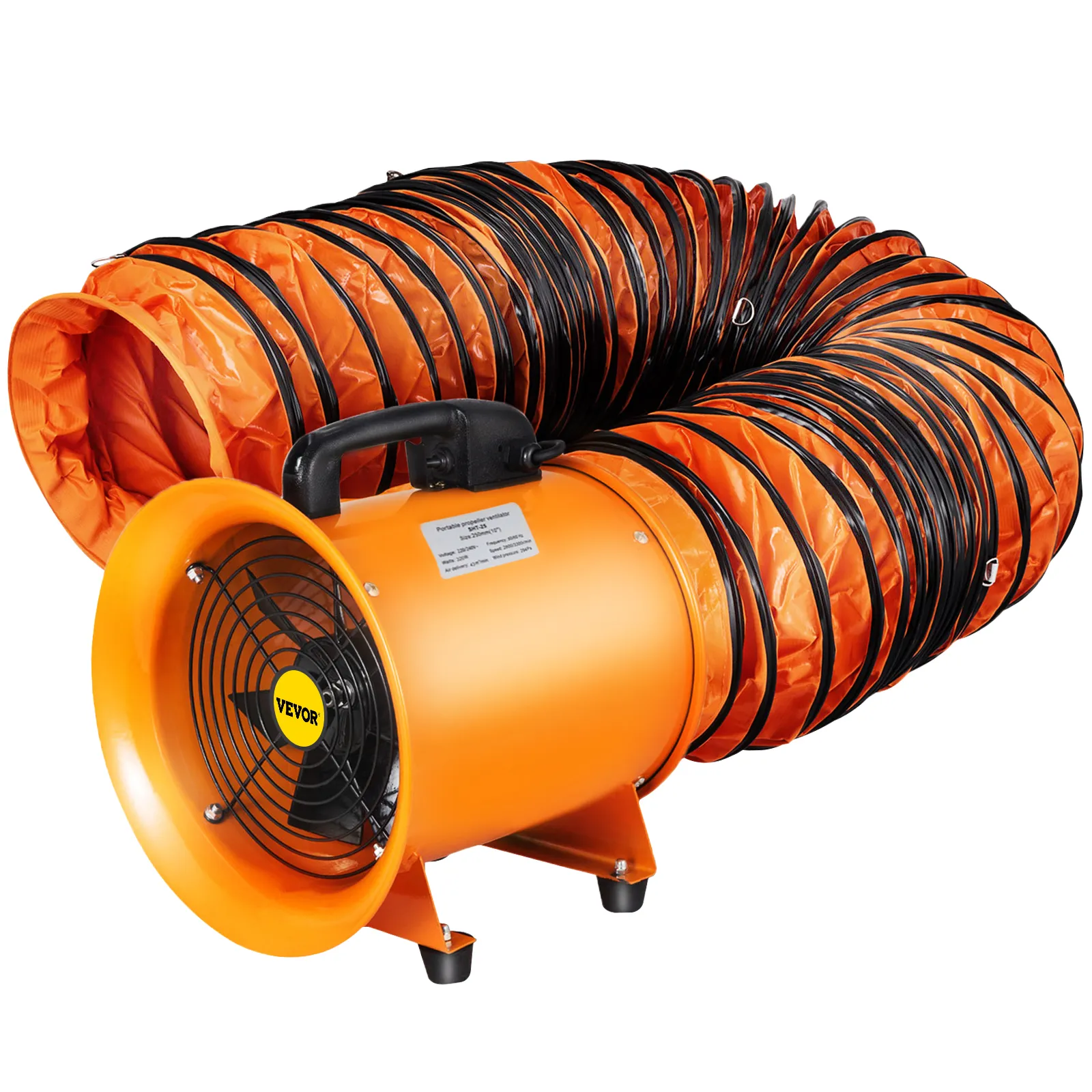 Ventilador utilitario VEVOR con conducto de ventilación extendido de color naranja.