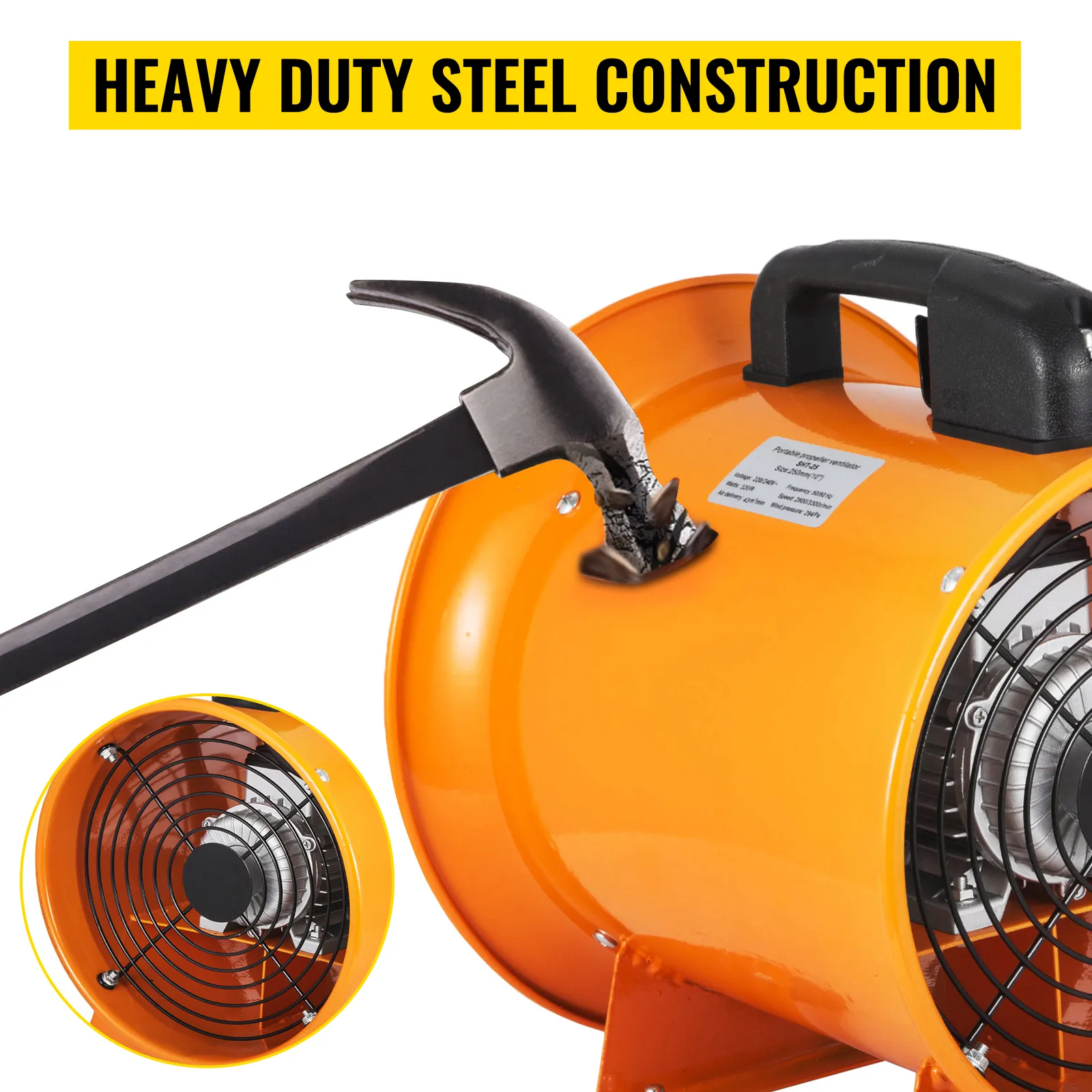 Ventilador utilitario VEVOR con construcción de acero resistente, carcasa naranja y mango negro.