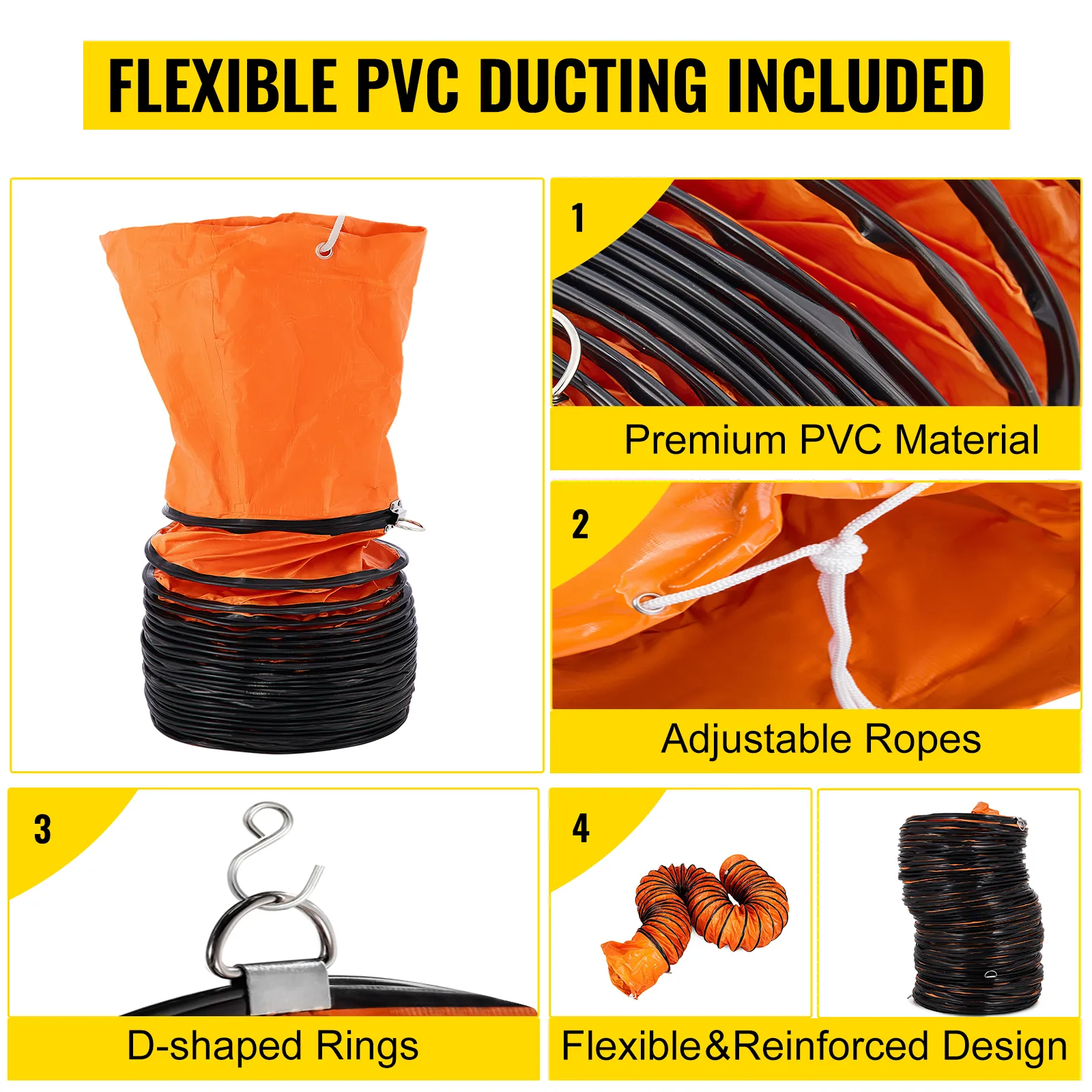 Ventilador utilitario VEVOR con conductos flexibles de PVC, cuerdas ajustables y anillos en forma de D.