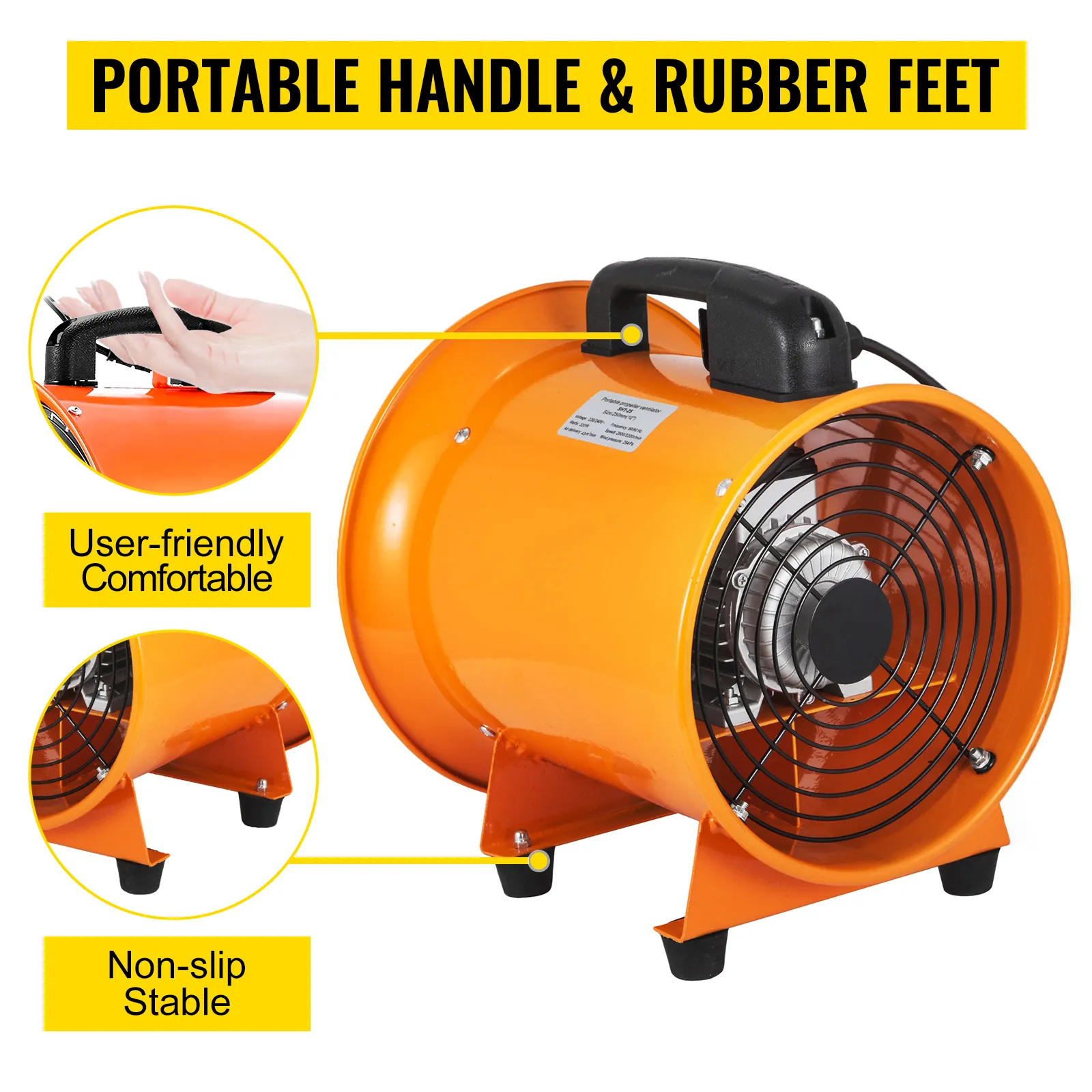 Ventilador utilitario VEVOR con mango portátil y patas de goma antideslizantes. Diseño fácil de usar.