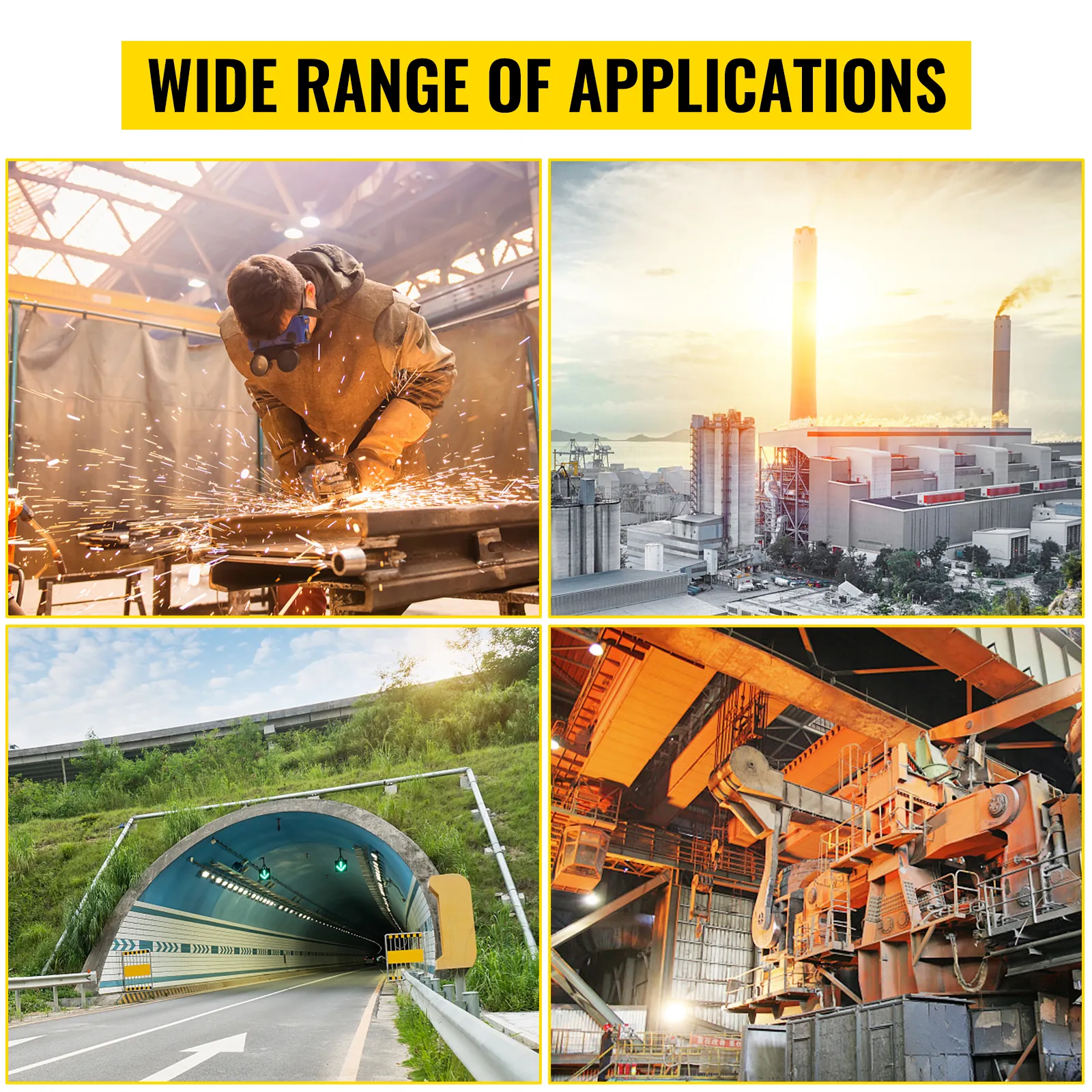 Ventilador utilitario VEVOR utilizado en construcción, fábricas, túneles y sitios industriales.