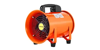 oranger VEVOR Hochleistungs-Zylinderventilator mit Griff und Schutzgitter.