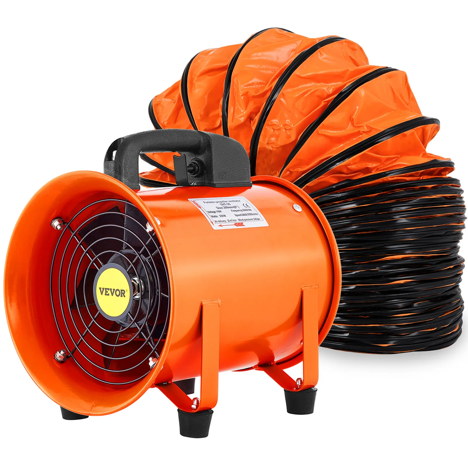 Hochleistungs-Zylinderventilator von VEVOR mit angeschlossenem orangefarbenem und schwarzem flexiblem Kanal.