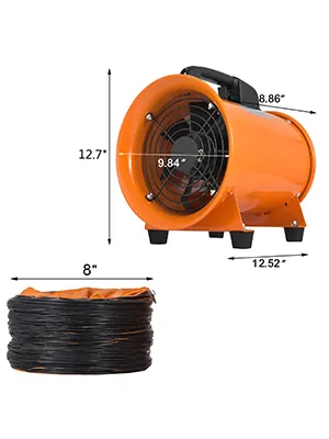 orange VEVOR portable extractor fan with dimensions and black coiled duct.