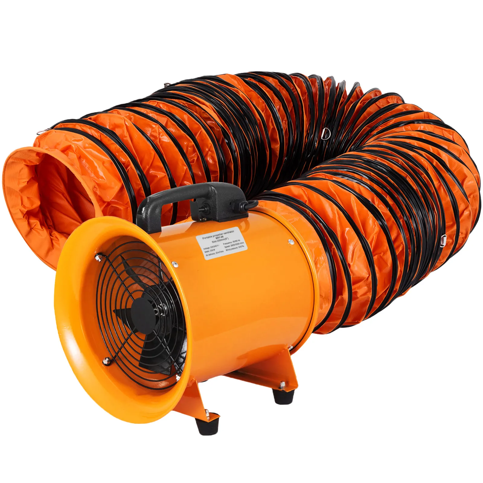 orange VEVOR portable extractor fan with a flexible duct hose.