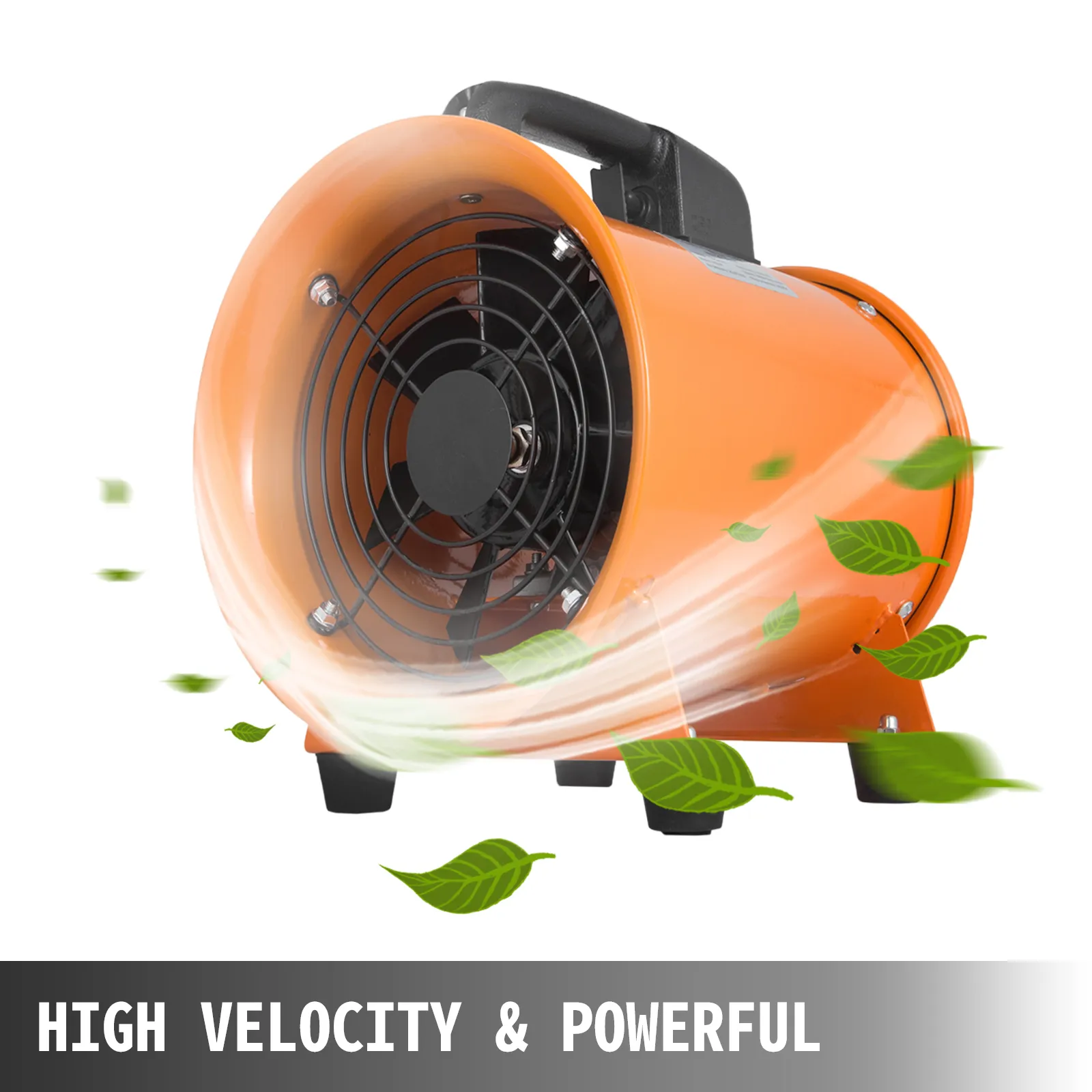 VEVOR portable extractor fan, orange with black handle, powerful airflow with green leaves.