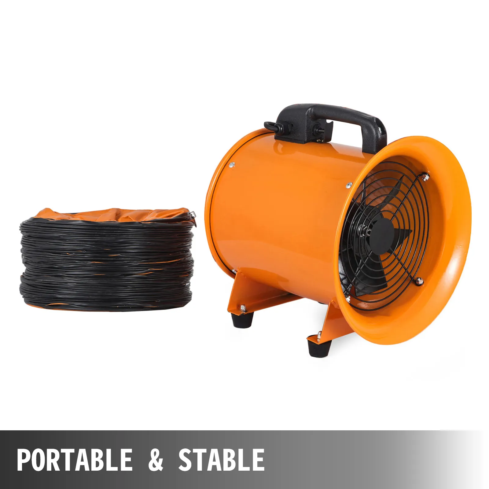 VEVOR portable extractor fan with black ventilation hose coiled beside it.