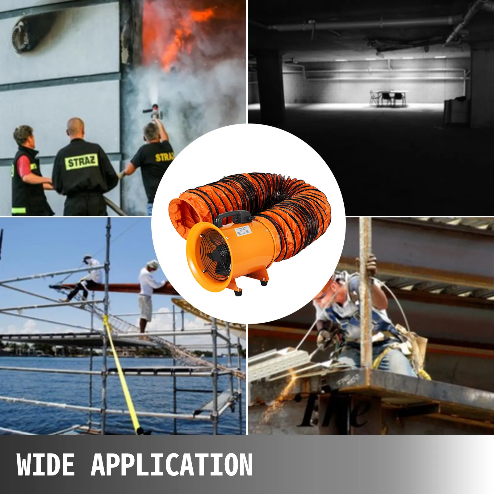 VEVOR portable extractor fan used in various emergency and industrial situations.