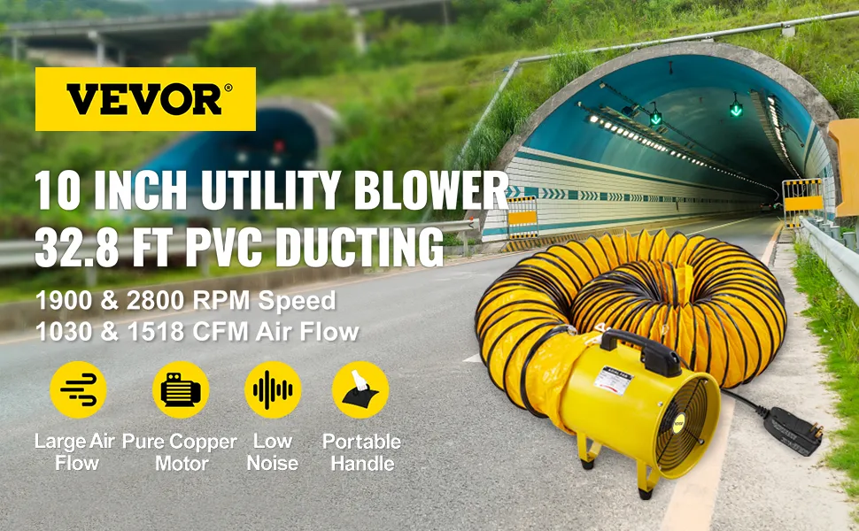 Ventilador utilitario VEVOR con diámetro de 10 pulgadas y conducto de PVC de 32,8 pies cerca del túnel.
