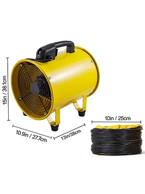 Ventilador utilitario VEVOR amarillo con medidas y una manguera negra al lado.