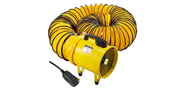 Ventilador utilitario VEVOR amarillo con manguera de conducto flexible, enchufe y manija.