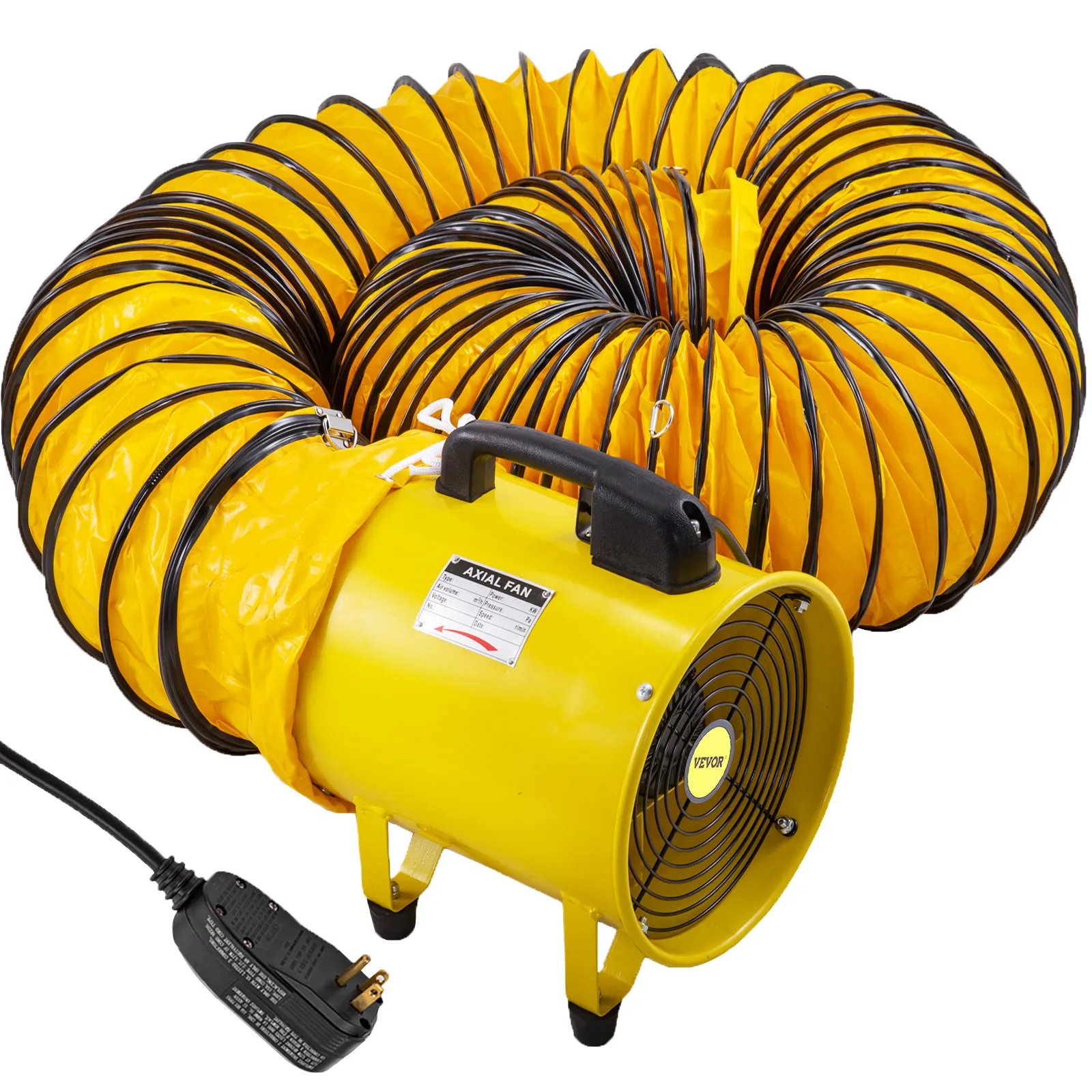 Ventilador utilitario VEVOR amarillo con conducto flexible y cable de alimentación.