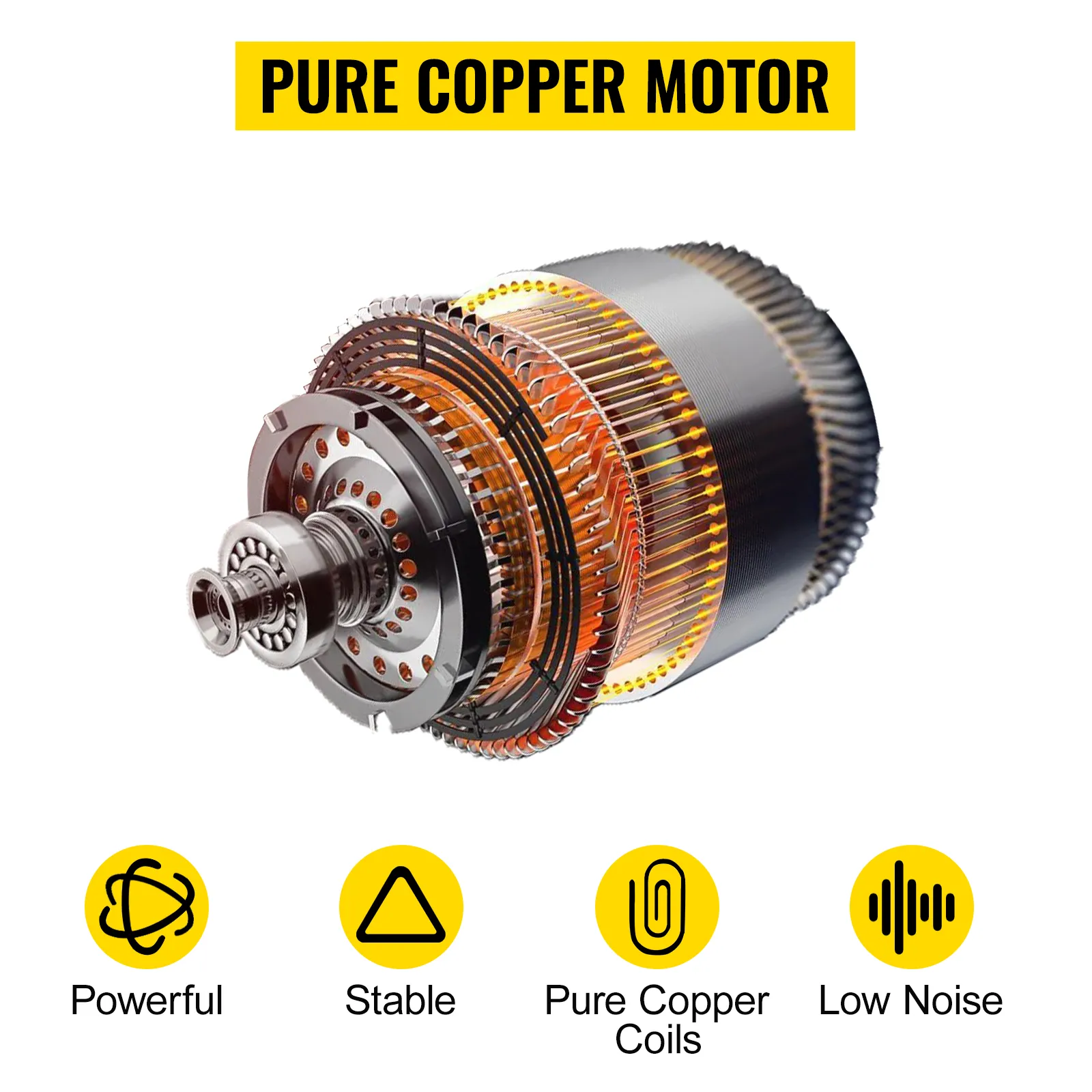 Motor de cobre puro para ventilador utilitario VEVOR con bobinas de cobre puro y bajo nivel de ruido.