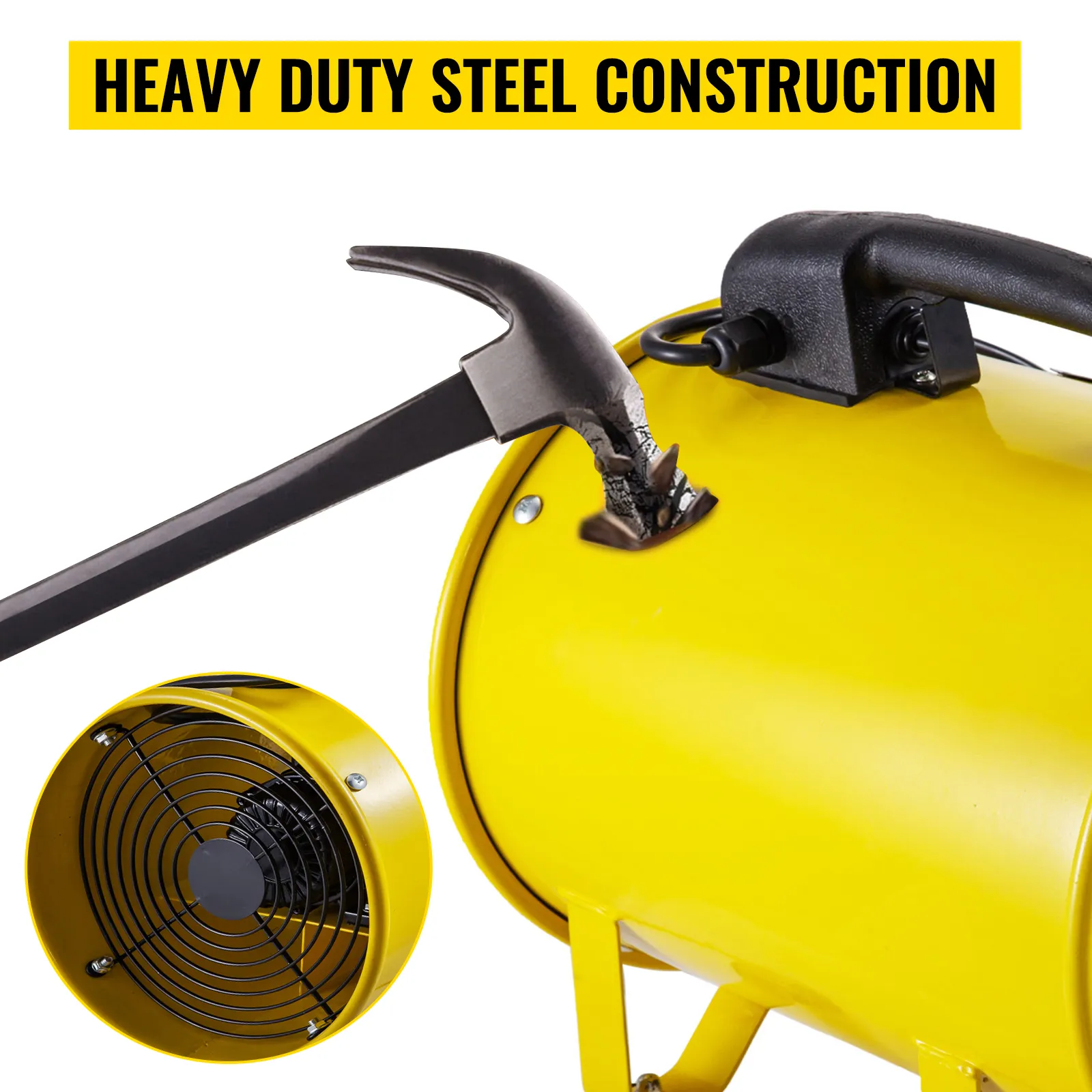 Ventilador utilitario VEVOR amarillo con construcción de acero resistente y ventilación trasera.