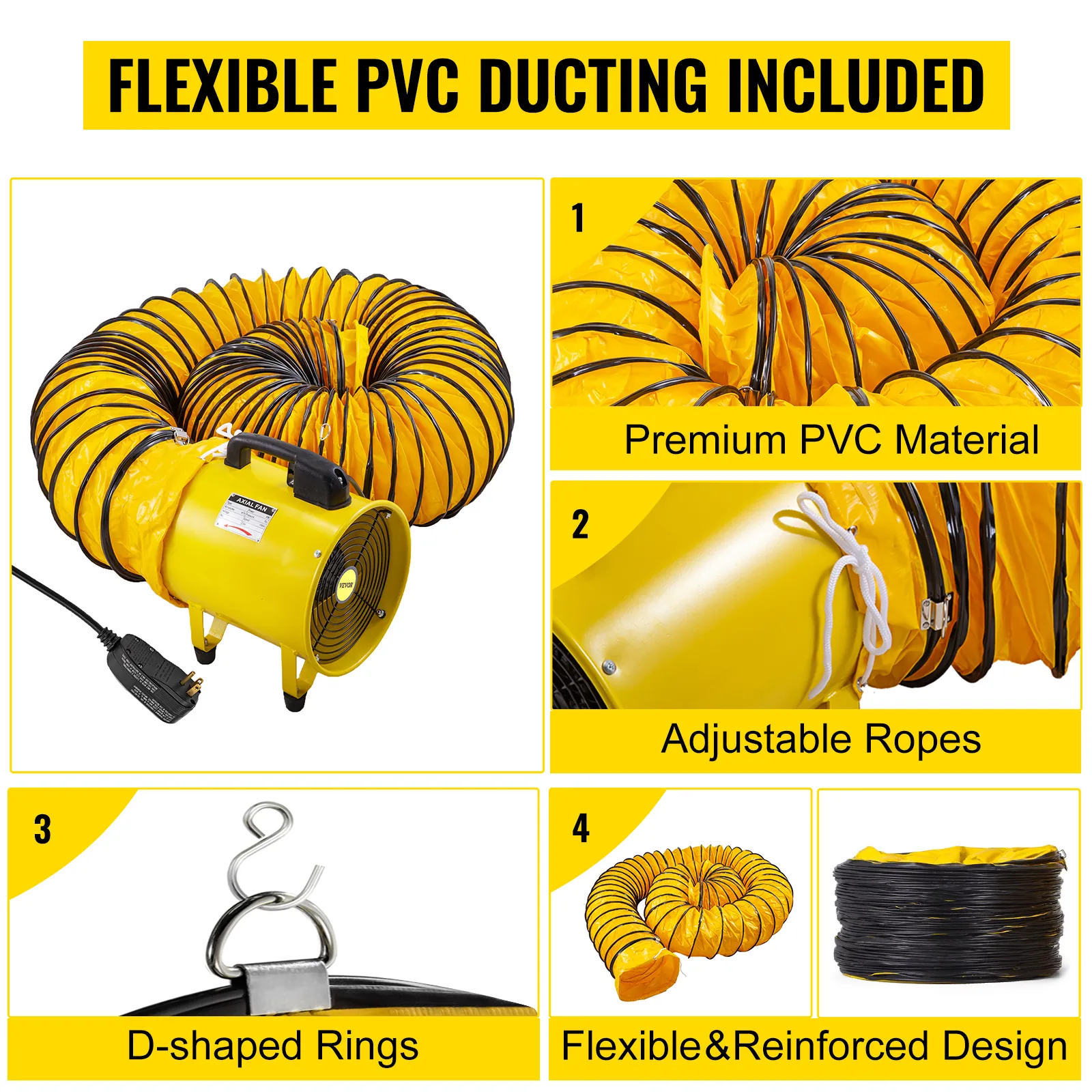 Ventilador utilitario VEVOR con conductos flexibles de PVC, anillos en forma de D y cuerdas ajustables.