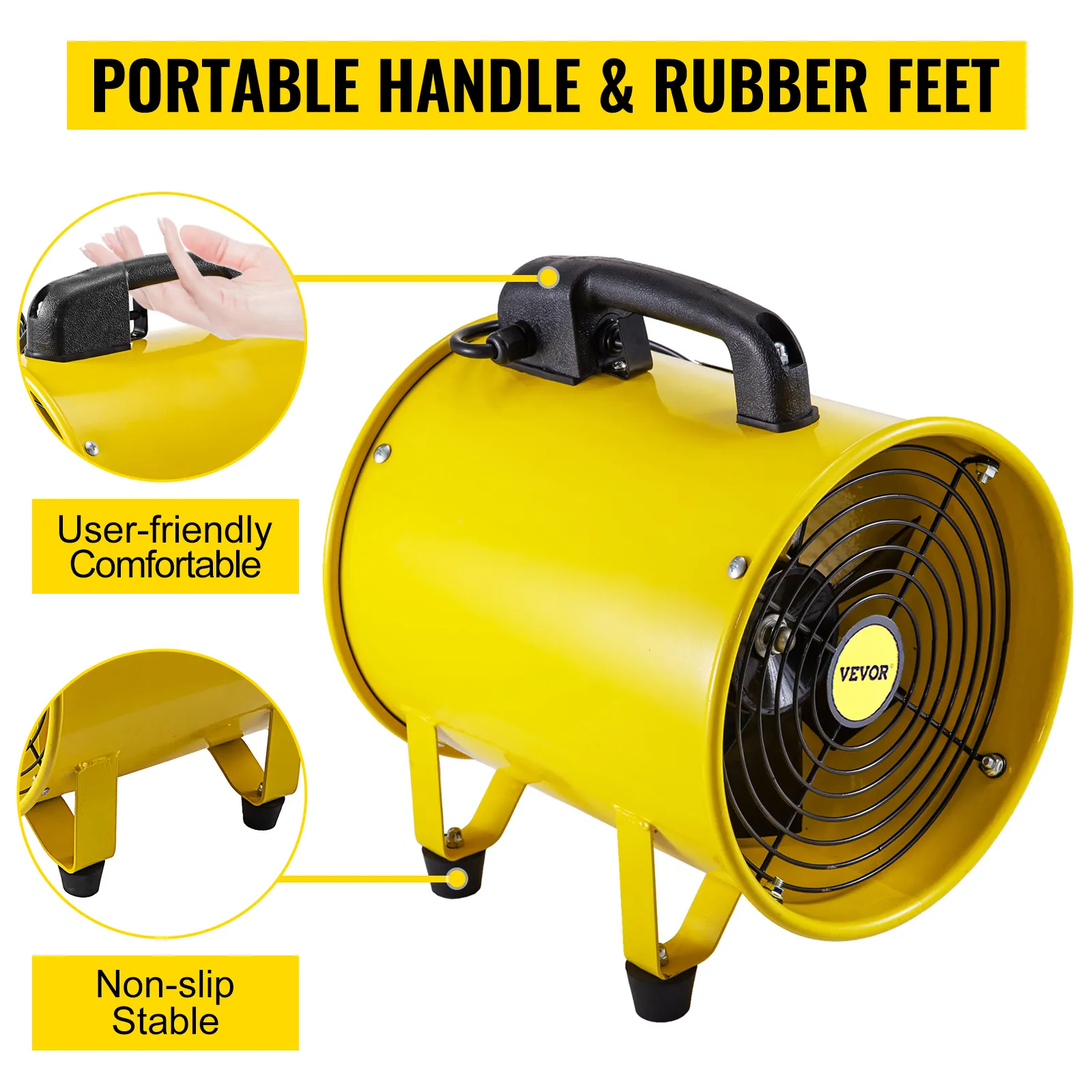 Ventilador utilitario VEVOR amarillo con mango portátil y patas de goma para mayor estabilidad.