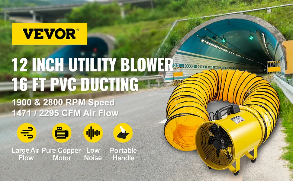 VEVOR utility blower fan with 16 ft pvc ducting, large airflow, and low noise.