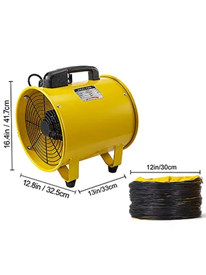 yellow VEVOR utility blower fan with dimensions and flexible duct.