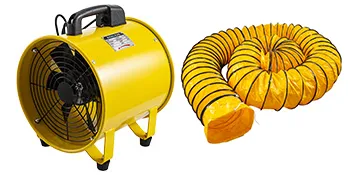 yellow VEVOR utility blower fan with flexible duct hose for ventilation.