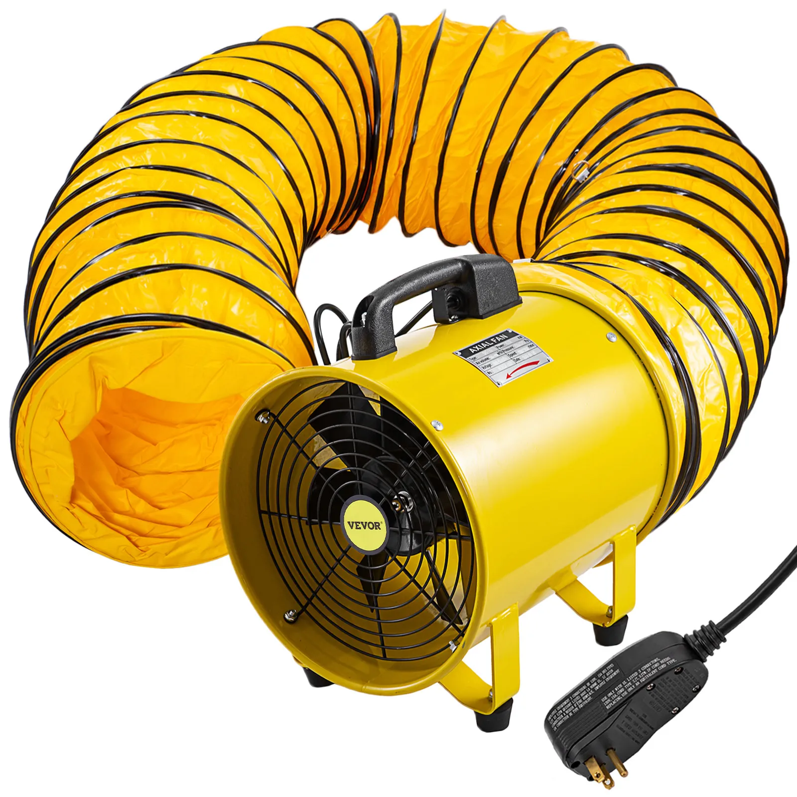 yellow VEVOR utility blower fan with extended duct and power plug.