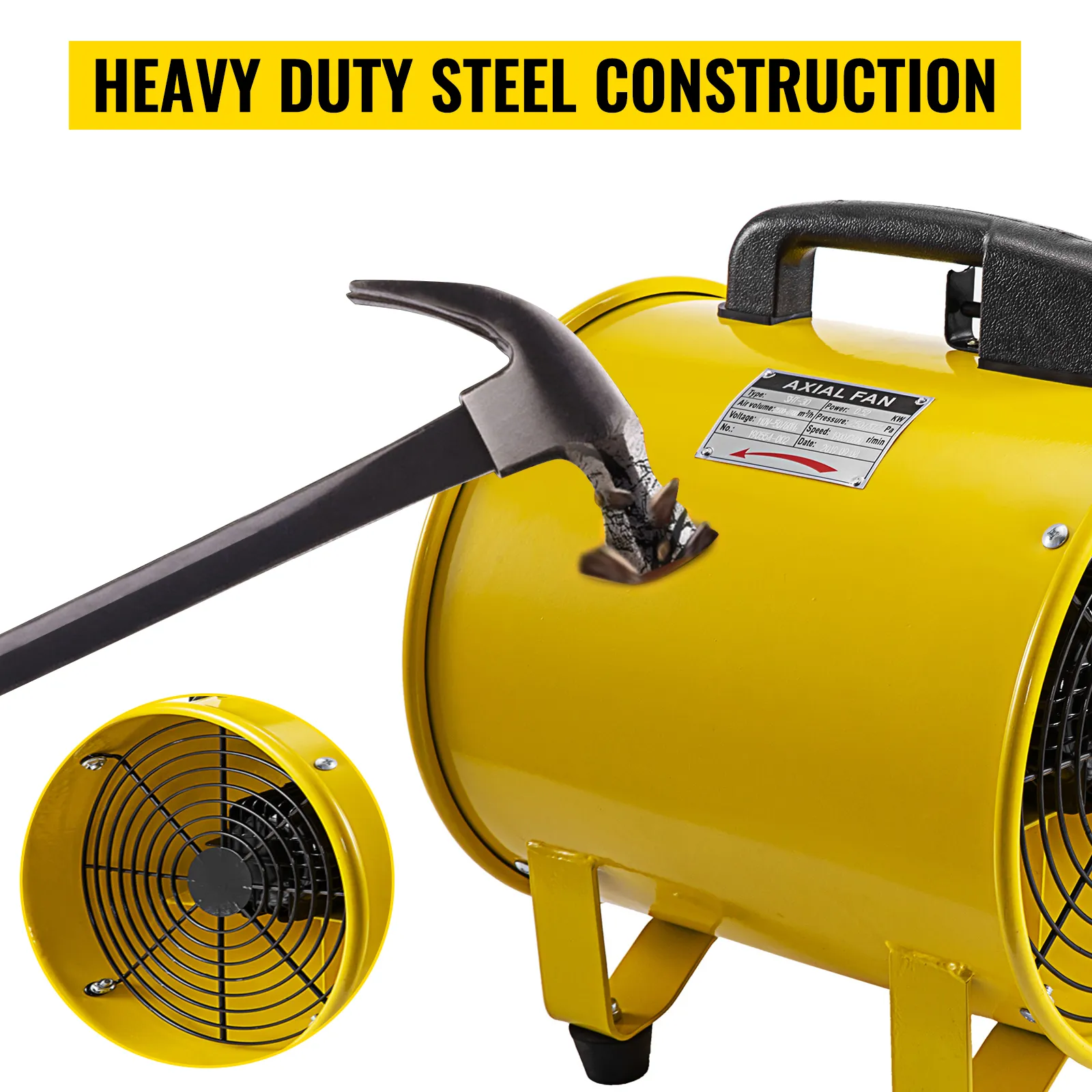 VEVOR utility blower fan in yellow with heavy-duty steel construction and hammer impact.