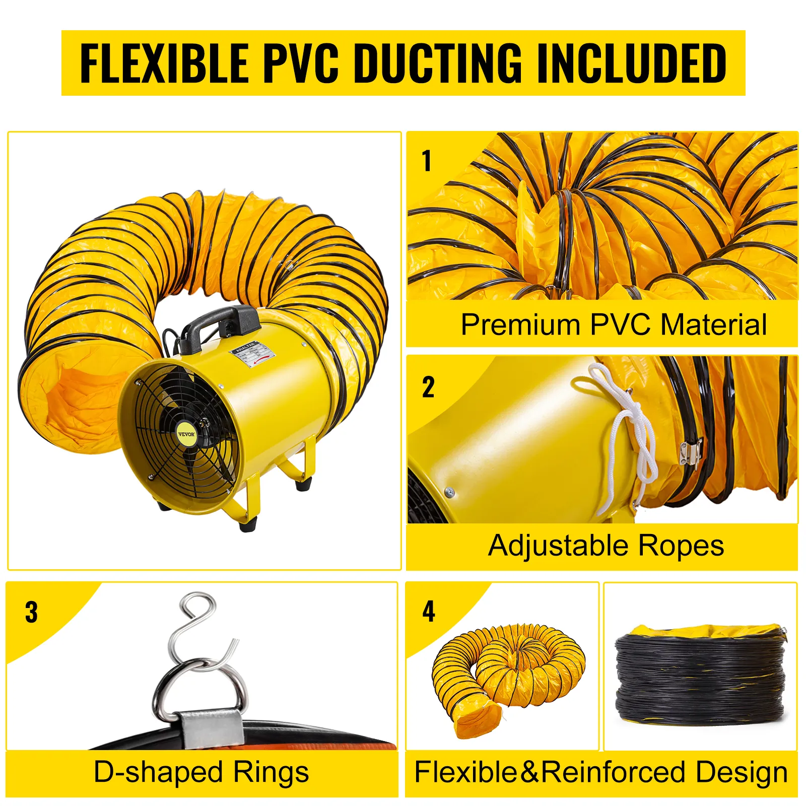VEVOR utility blower fan with flexible pvc ducting, adjustable ropes, and d-shaped rings.