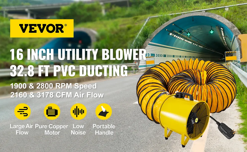 Ventilador utilitario VEVOR con conducto de pvc delante de un túnel.