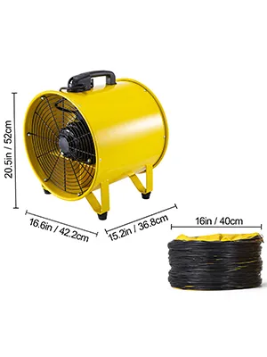 Ventilador utilitario VEVOR con carcasa amarilla, dimensiones y manguera plegada de 16 pulgadas.